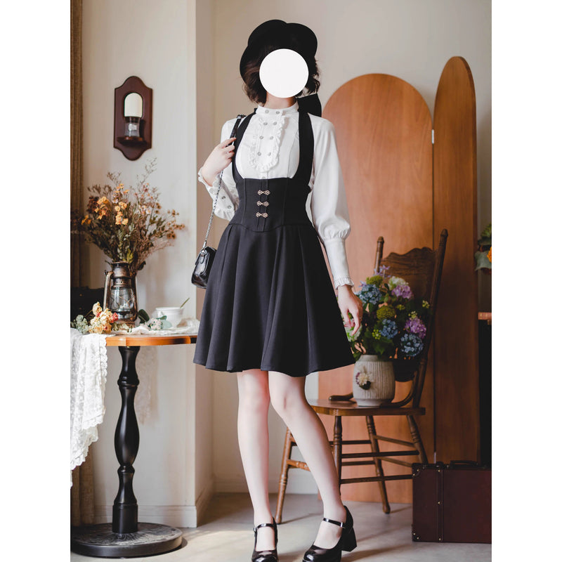 英国のお嬢様のスタンドカラーブラウス - White