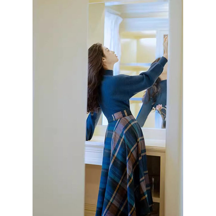 Blue-Brown Checkered Retro Skirt and Blue Knit Sweater