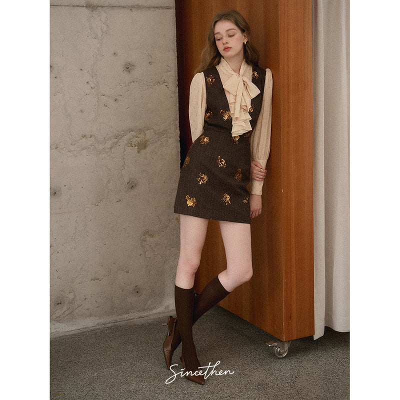 Brown Sequins Embroidered Jumper Skirt