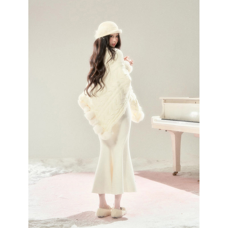 High-neck Knit Shawl Cape