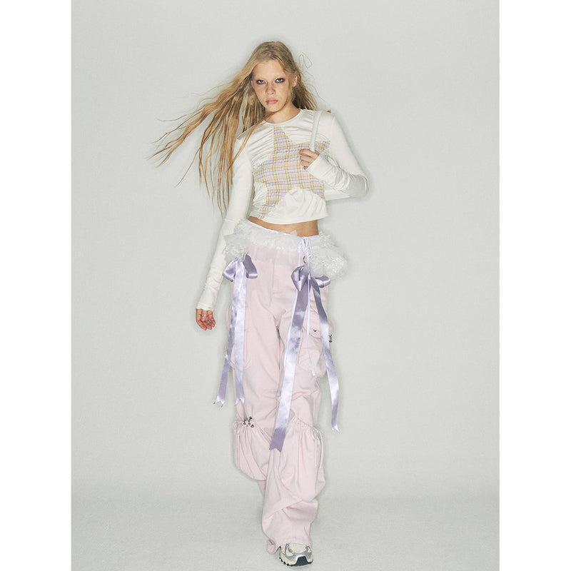 Pink Cargo Pants with Purple Ribbons