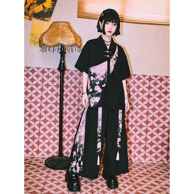 暗夜の花と蝶々のワイドパンツ
