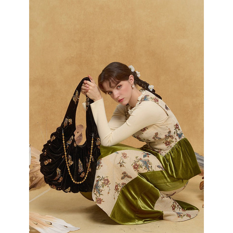 金色の蝶の刺繍ベルベットトートバッグ