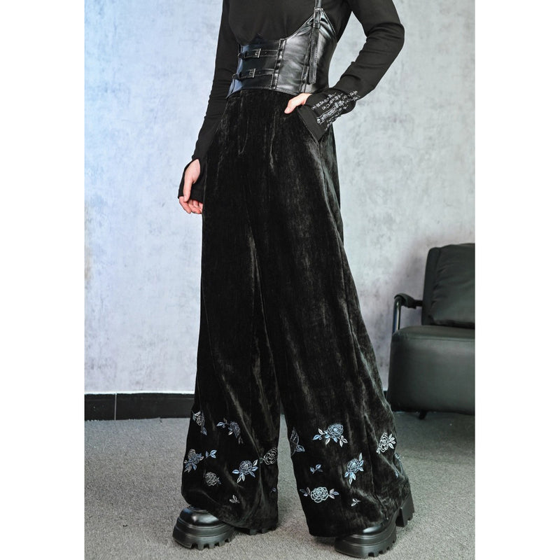 椿の花と鶯の刺繍ワイドパンツ