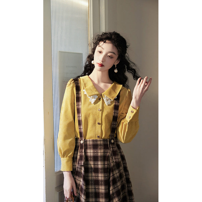 Yellow Floral Embroidered Corduroy Blouse