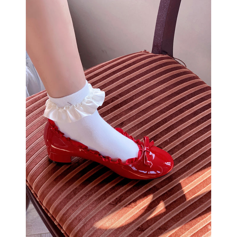 Enamel Leather Ruffle Bow Pumps