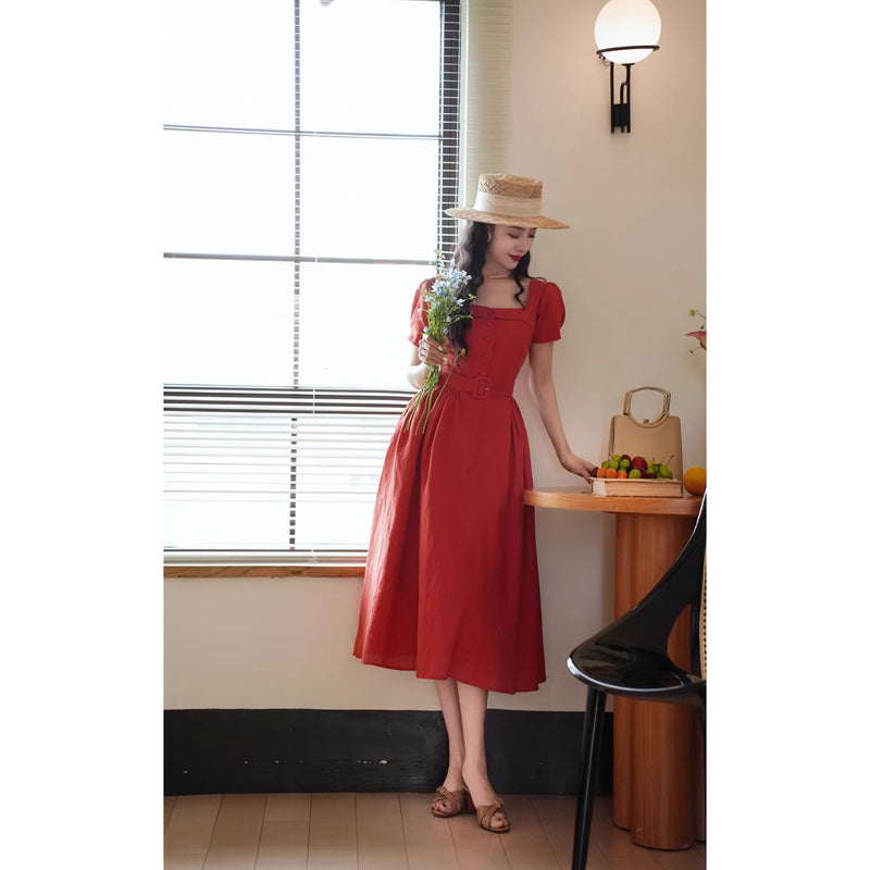 紅赤の貴婦人ヘップバーンワンピース