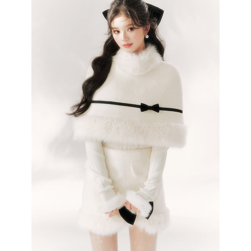 Pure White Ribbon Fur Cape and Skirt