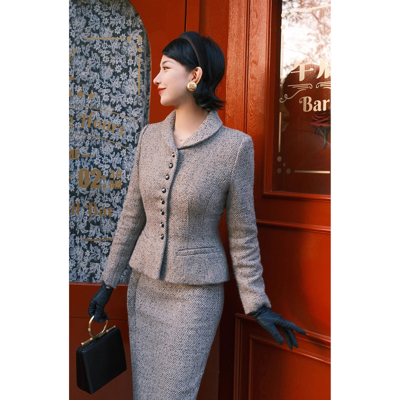 銀幕の貴婦人のツイードジャケットとペンシルスカート - Dark Gray