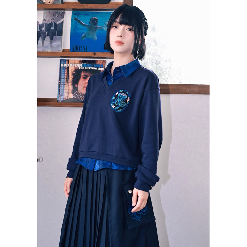 海月の刺繍ドッキングトップス