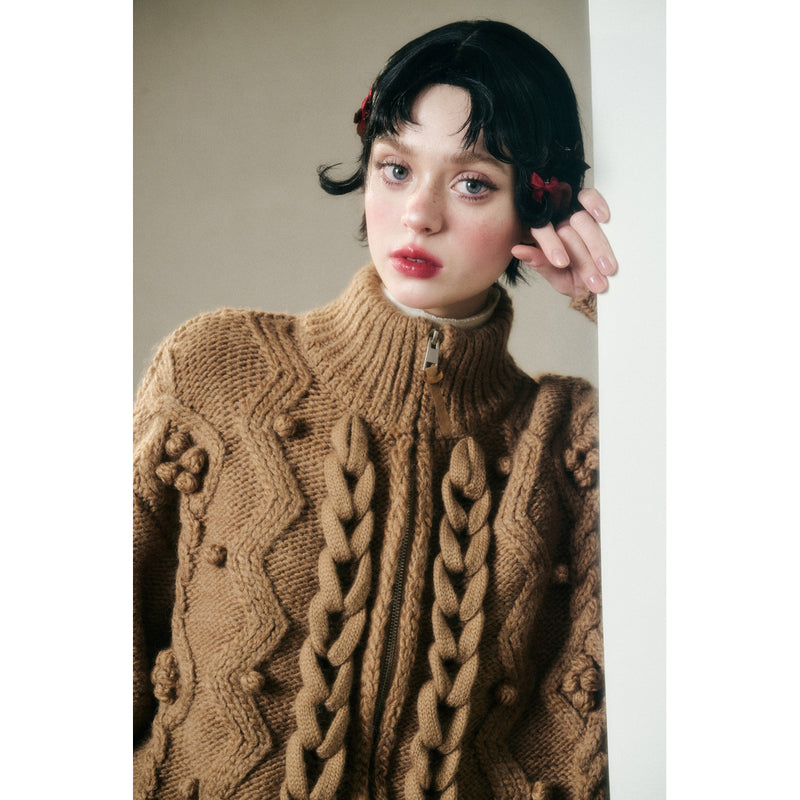 Hand-Knitted Cable Pattern Wool Knit Jacket