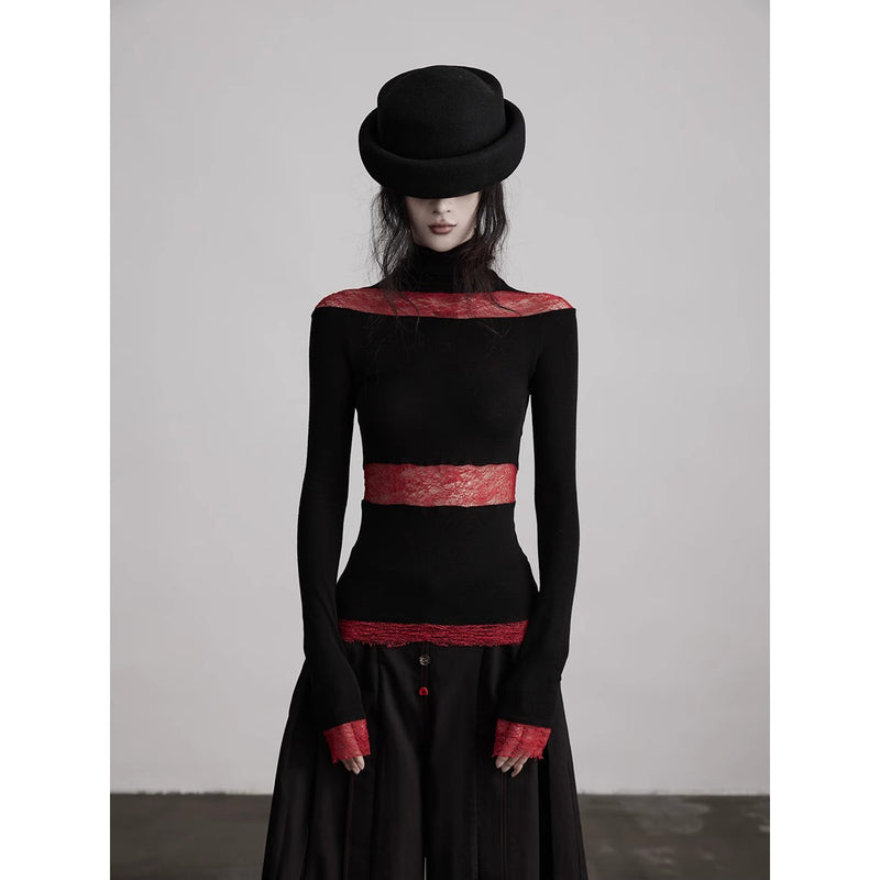 Black Red Turtleneck Knit Top