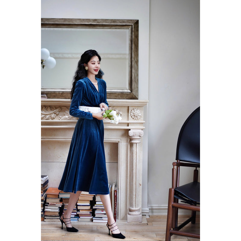 紺藍色の貴婦人ベルベットワンピース