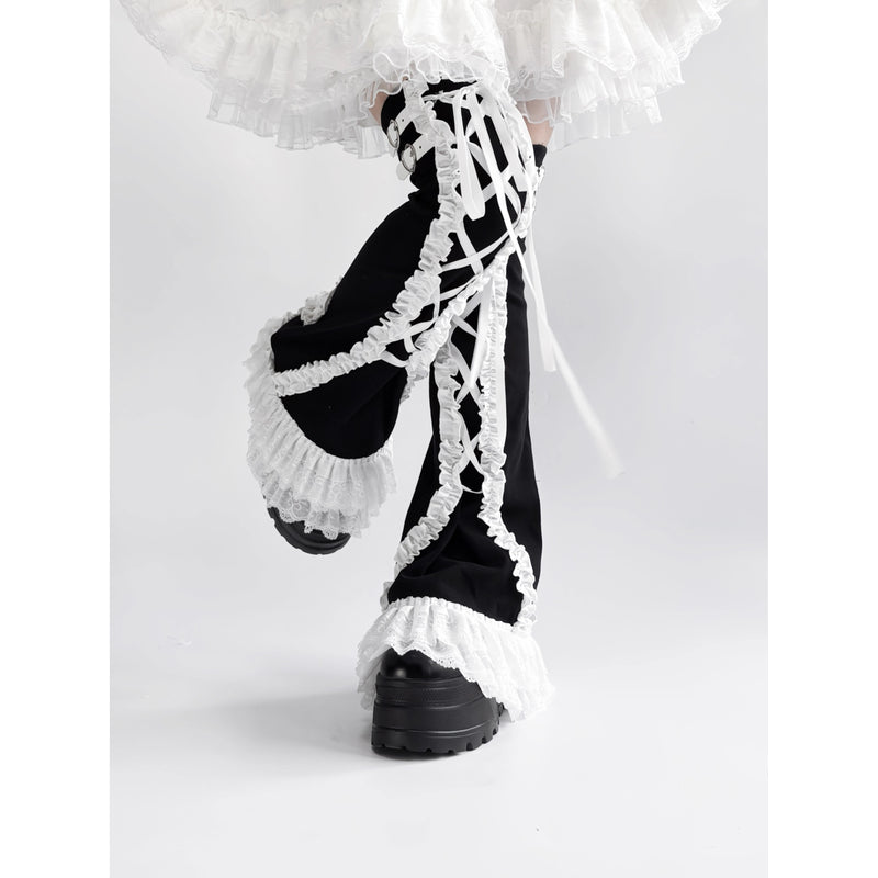 Black Frill Lace-up Leg Warmers