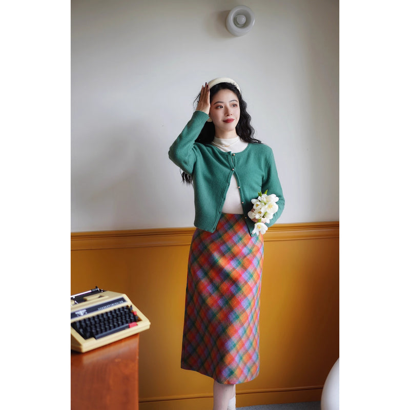 木漏れ日の格子柄ウールハーフスカート