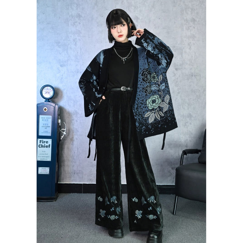 椿の花の刺繍アシンメトリーカーディガン