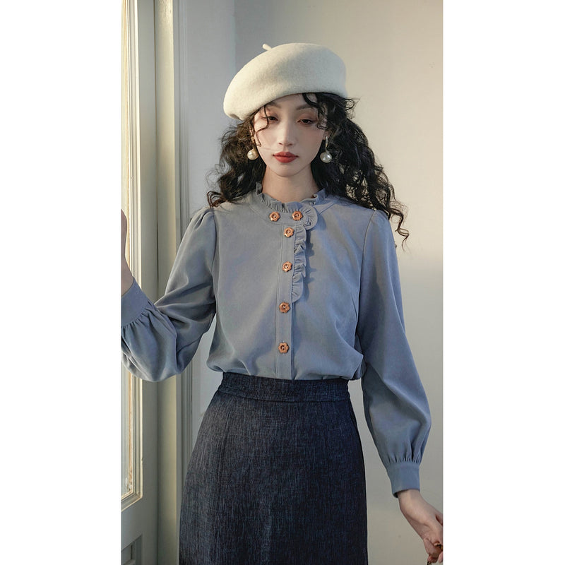 Gray Blue Ruffled Retro Blouse