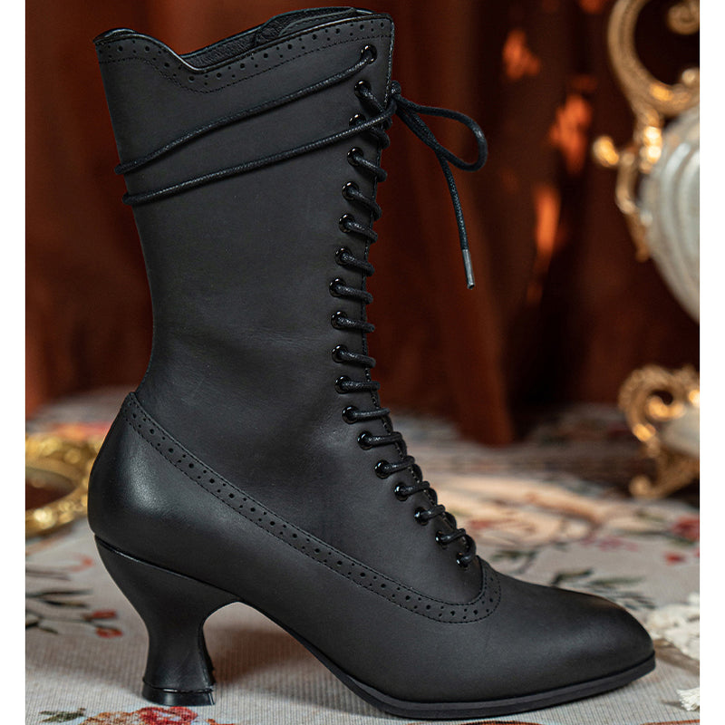 Victorian Pointed Toe Lace Up Boots - Black