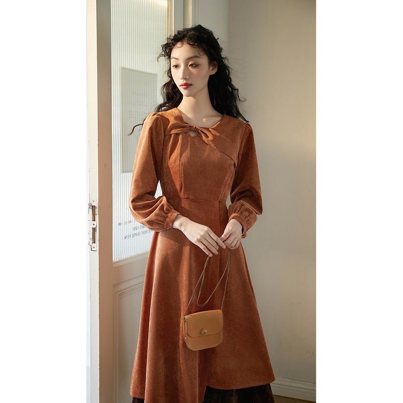 Orange Brown Corduroy Retro Dress