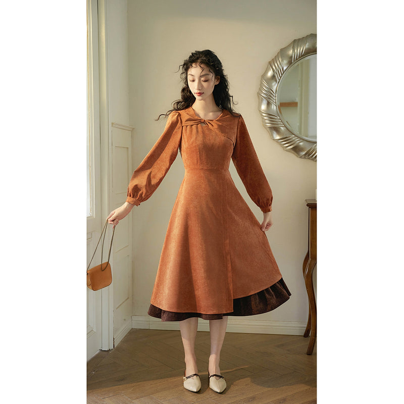 Orange Brown Corduroy Retro Dress