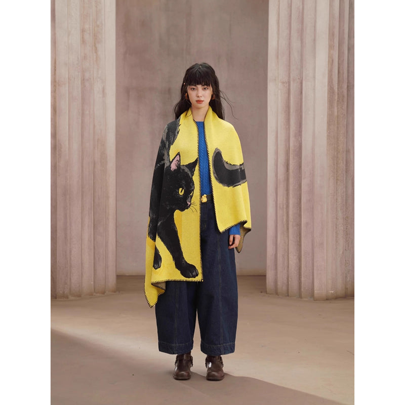 黒猫の挿絵ニットストール