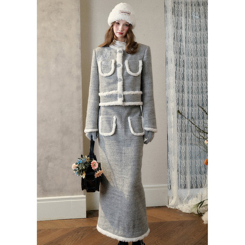 Butterfly Embroidered Wool Jacket and Long Skirt