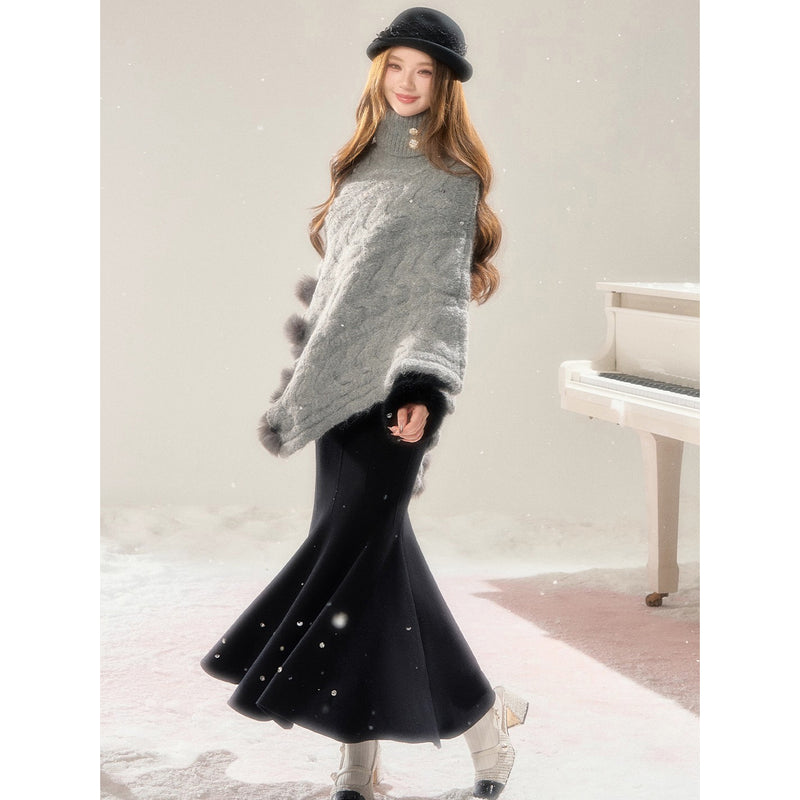 High-neck Knit Shawl Cape