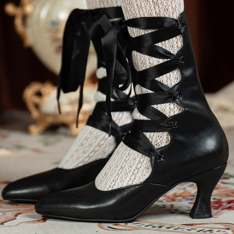 Black Lace Up Pointed Toe Heeled Pumps