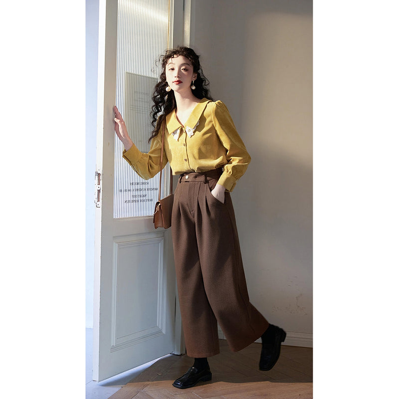 Yellow Floral Embroidered Corduroy Blouse