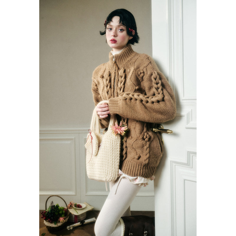 Hand-Knitted Cable Pattern Wool Knit Jacket