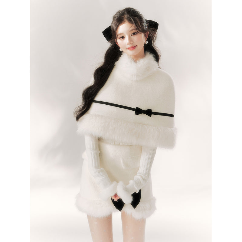 Pure White Ribbon Fur Cape and Skirt