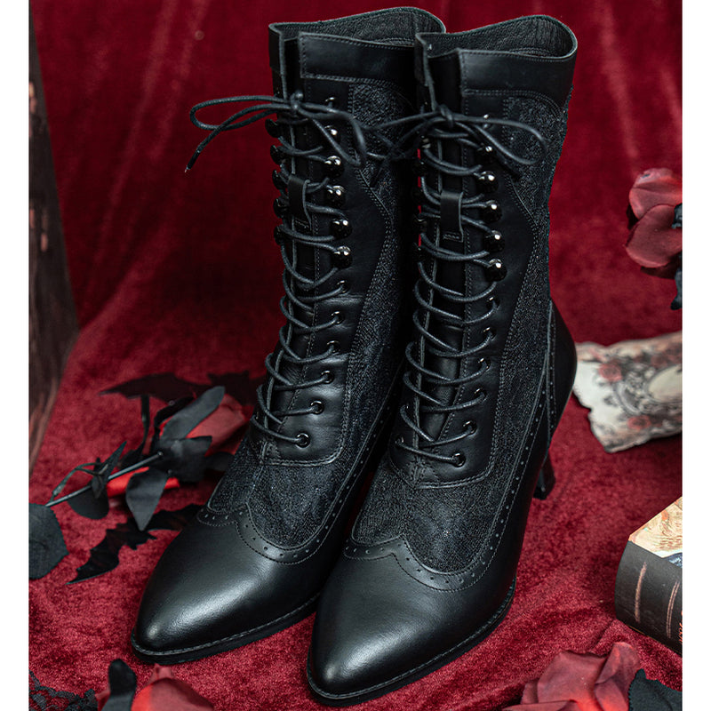 Victorian Lace Pointed Toe Lace Up Black Boots