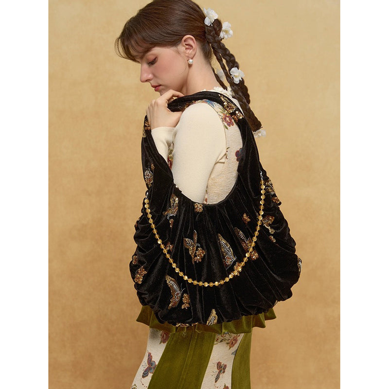 金色の蝶の刺繍ベルベットトートバッグ