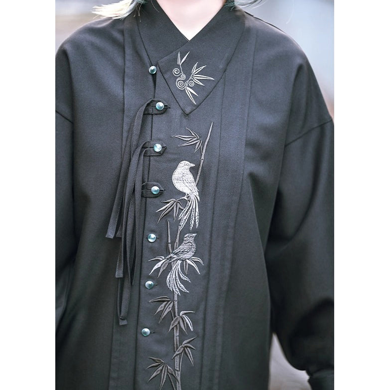 竹林の小鳥の刺繍ブラウス
