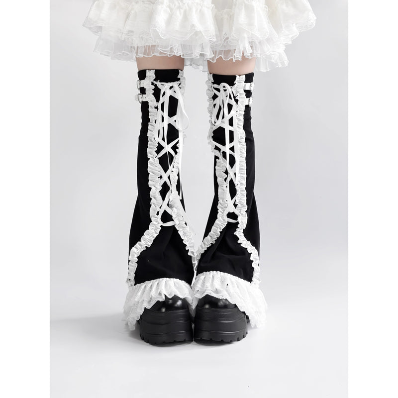 Black Frill Lace-up Leg Warmers