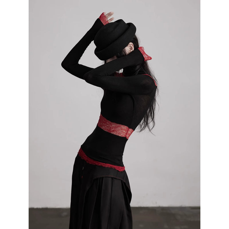 Black Red Turtleneck Knit Top