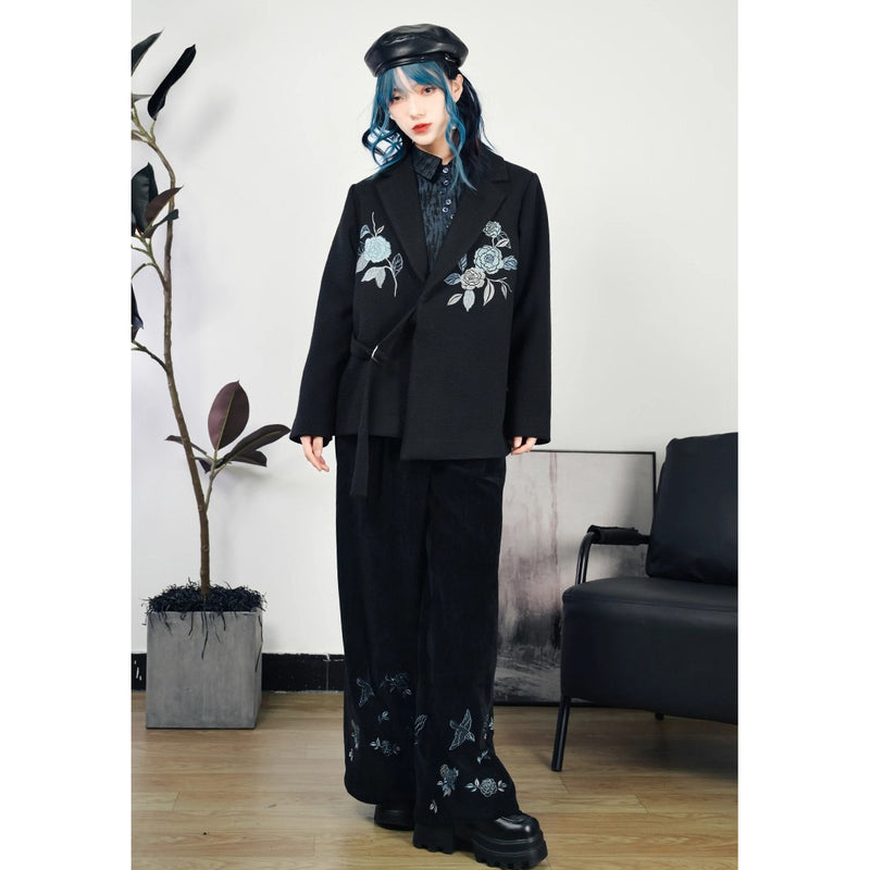 椿の花と鶯の刺繍ワイドパンツ