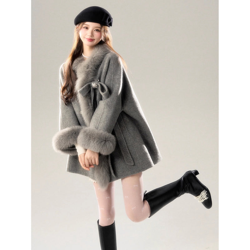 Romantic Ribbon Fur Wool Coat