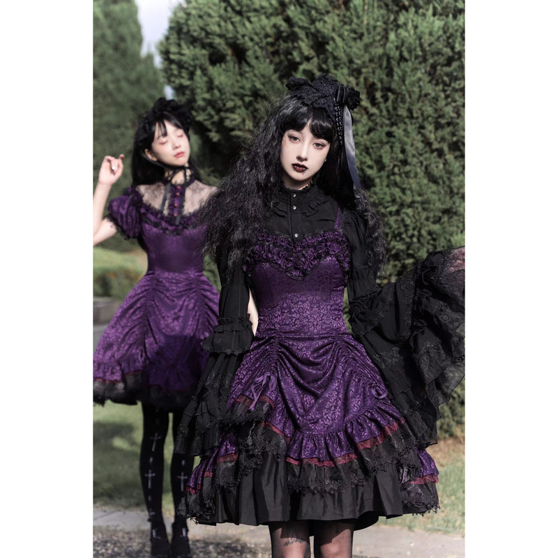本紫の花群集の刺繍ワンピースとジャンパースカート[2025年12月中旬-2026年1月中旬発送予定]