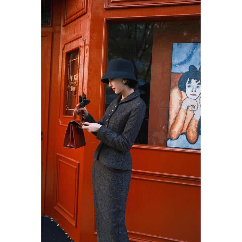 銀幕の貴婦人のツイードジャケットとペンシルスカート - Dark Black