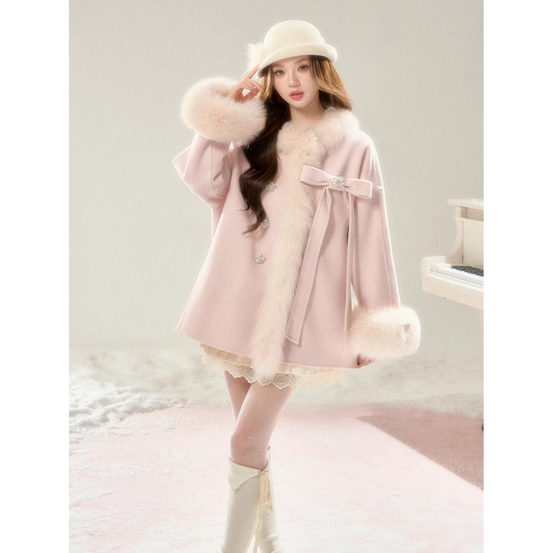 Romantic Ribbon Fur Wool Coat