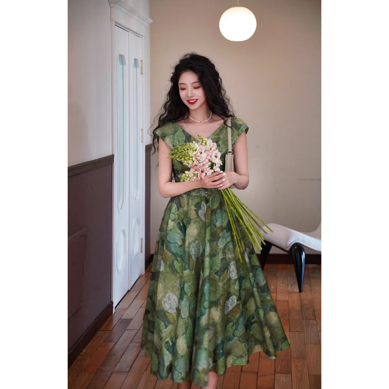 深緑の植物の油彩画ヘップバーンワンピース