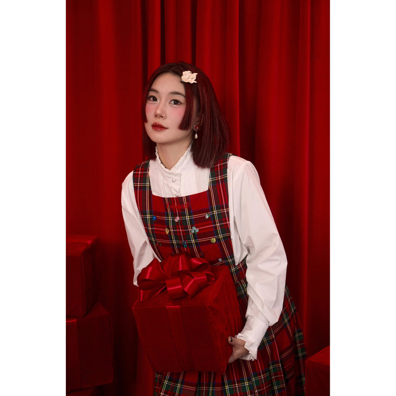 花束刺繍の格子柄ジャンパースカート