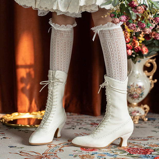 Victorian Pointed Toe Lace Up Boots - Ivory