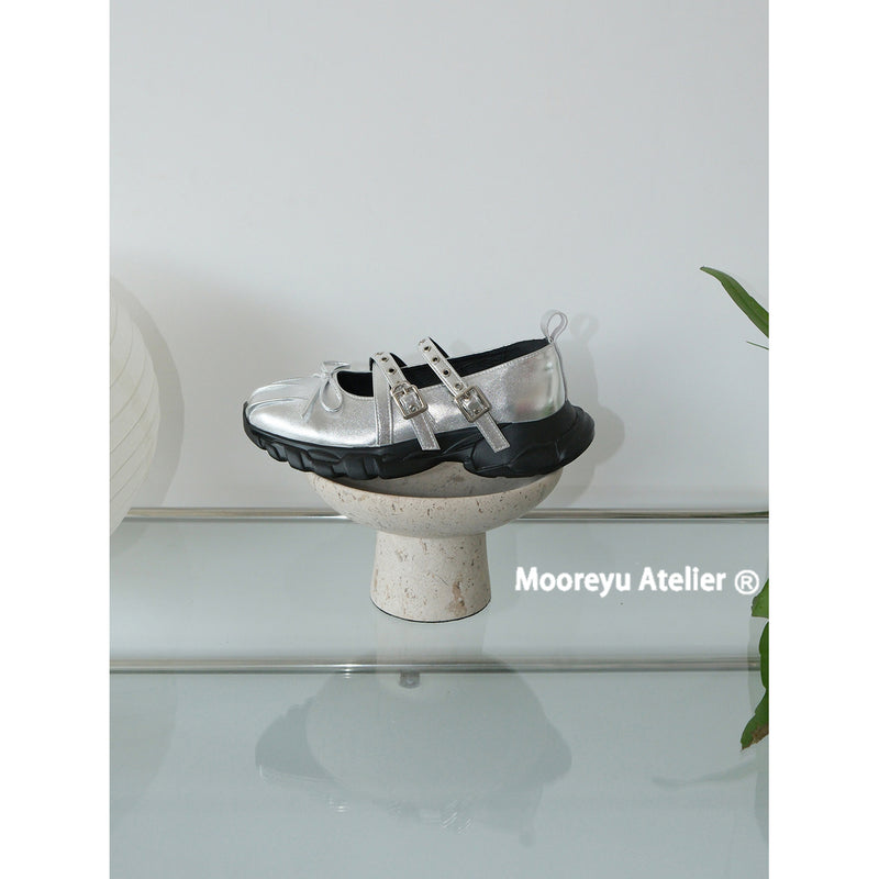 Metallic Silver Strap Thick-soled Ribbon Shoes