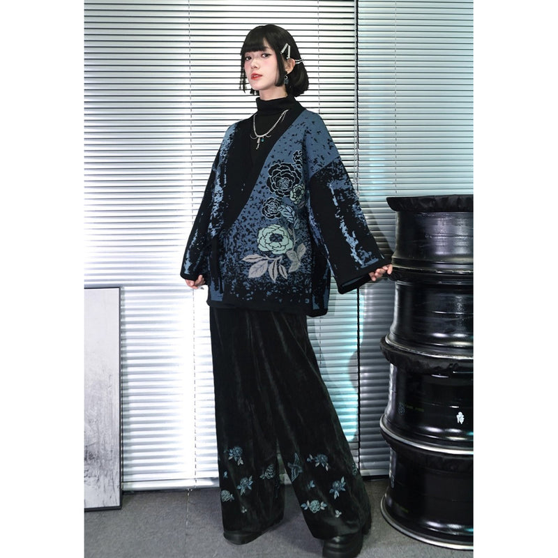 椿の花の刺繍アシンメトリーカーディガン