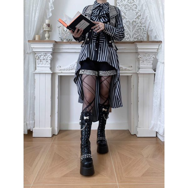 中世貴族のヴィクトリアンテールブラウス - Gray Block Stripe[2025年12月上旬-12月下旬発送予定]