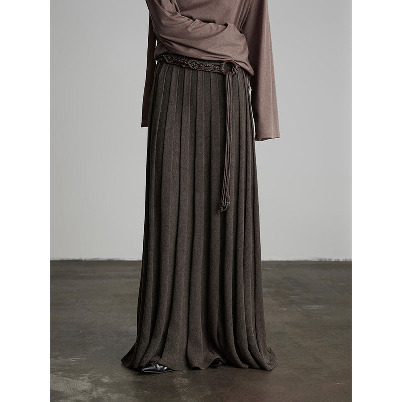 Brown Long Pleated Knit Skirt