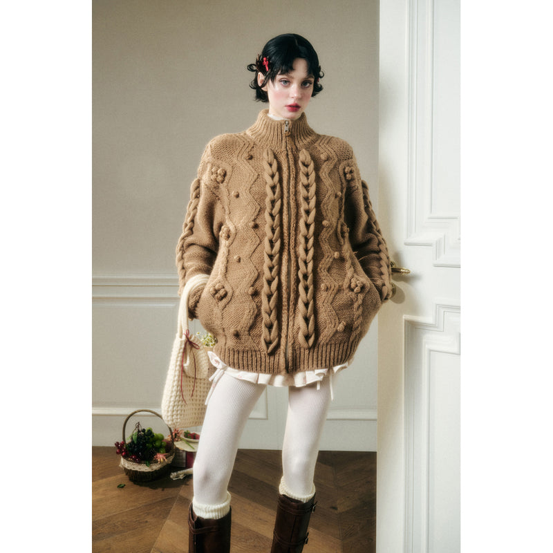 Hand-Knitted Cable Pattern Wool Knit Jacket