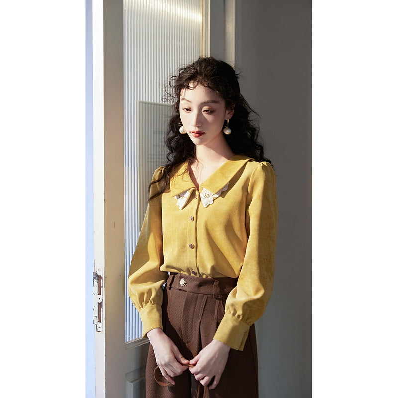 Yellow Floral Embroidered Corduroy Blouse